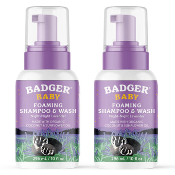 Badger Baby Wash, Relaxing Lavender Night Night Foaming Baby Shampoo And Body Wash, Organic Baby Body Wash, Gentle Newborn Or Toddler Baby Soap And Shampoo, 4 Fl Oz (2 Pack)