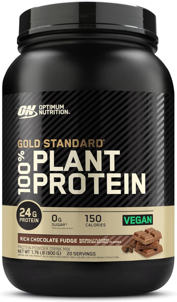 Optimum Nutrition Gold Standard 100% Plant Based Protein Powder, Gluten Free, Vegan Protein for Muscle Support and Recovery with Amino Acids - Rich Chocolate Fudge, 20 Servings