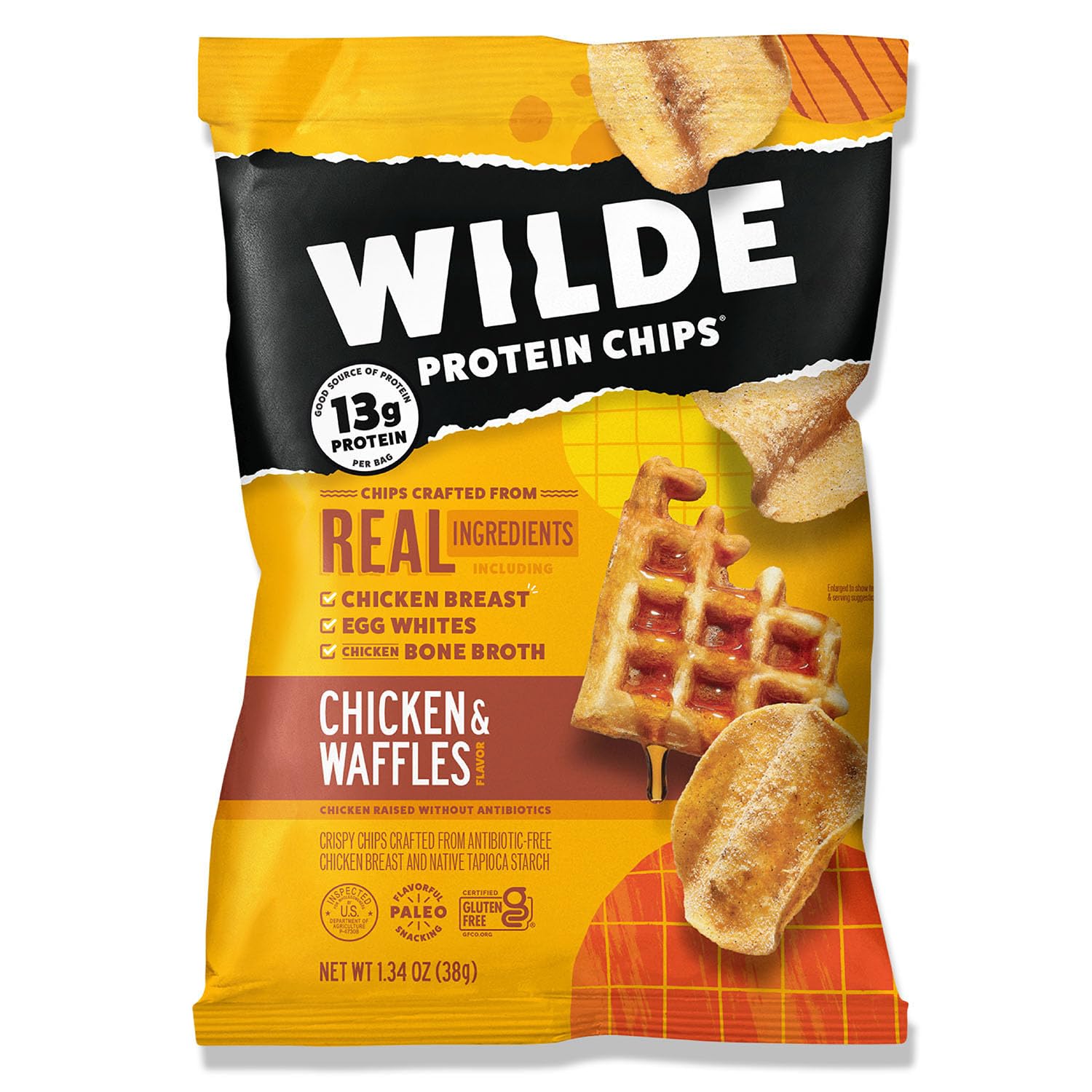 Wilde Chicken & Waffles Protein Chips, Thin And Crispy, High Protein, Keto, Made With Real Ingredients, 1.34Oz Bags (Pack Of 8)