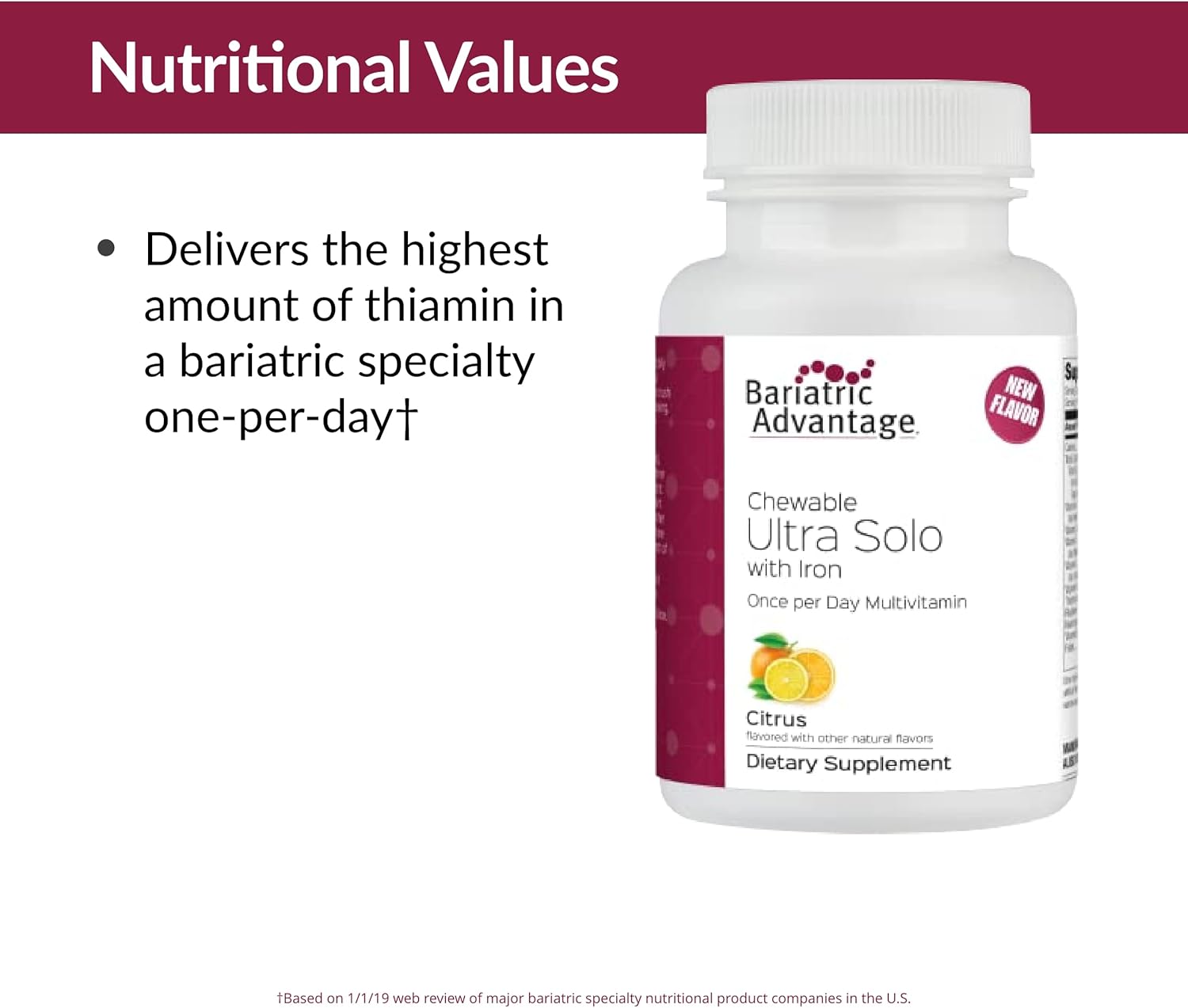 Bariatric Advantage Chewable Ultra Solo With Iron Daily Multivitamin For Gastric Bypass Surgery And Sleeve Gastrectomy Patients, Includes Vitamin B12, C, D, K, Thiamin And Copper - Citrus, 30 Count : Health & Household