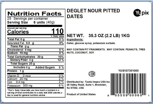 Yupik Deglet Nour Pitted Dates, 2.2 Lb, Whole Dried Fruits, No Pits, No Added Sugar, Cholesterol-Free, Source Of Fiber, Healthy Snacks, Ideal For Baking, Topping & Blended Drinks,35.3 Oz