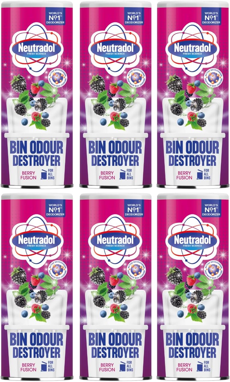 Neutradol Dustbin Odour Destroyer, Bin Freshener Deodorising Powder, Odour Eliminator For Indoor & Outdoor Bins, Berry Fusion, Multipack Of 6 X 350G