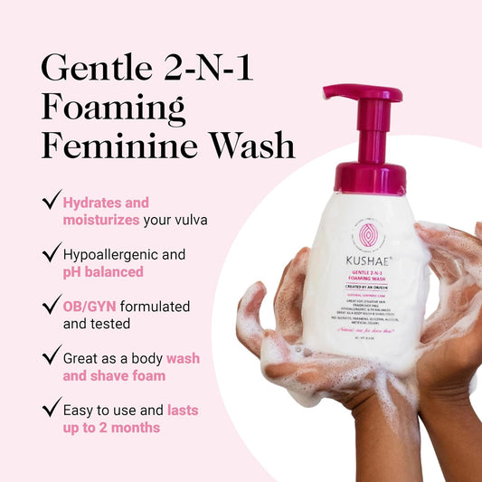 Kushae Gentle 2-in-1 Foaming Wash, pH Balance Feminine Wash for Optimal Hygiene, Refreshing & Soothing Feminine Wash for Sensitive Skin, Fragrance-Free Intimate Wash for Daily Use, 8.3 oz