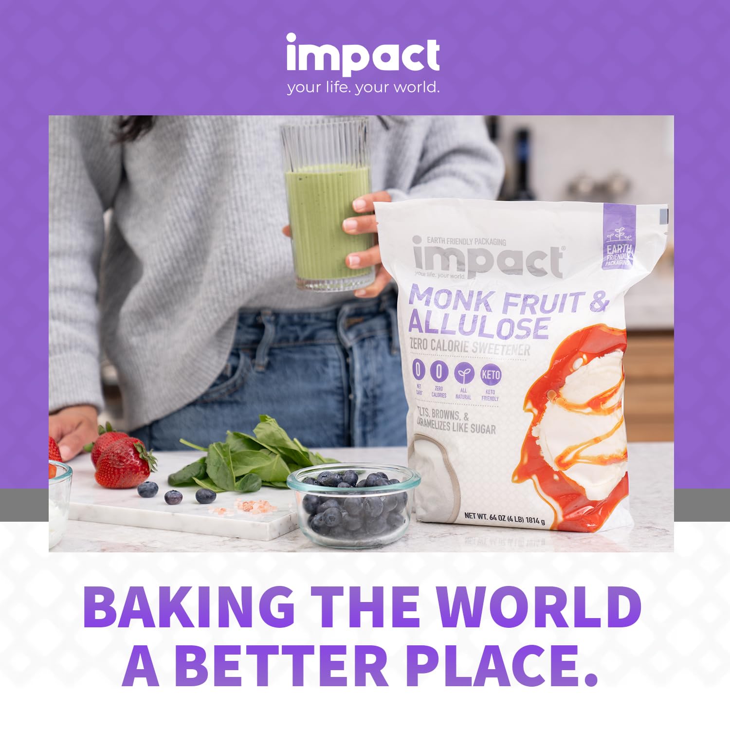 Impact - Monk Fruit Allulose Sweetener - Crystalized Blend - Zero Calorie, Keto Friendly Sugar Substitute - Baking Essential With Plastic-Free Packaging - 4Lbs