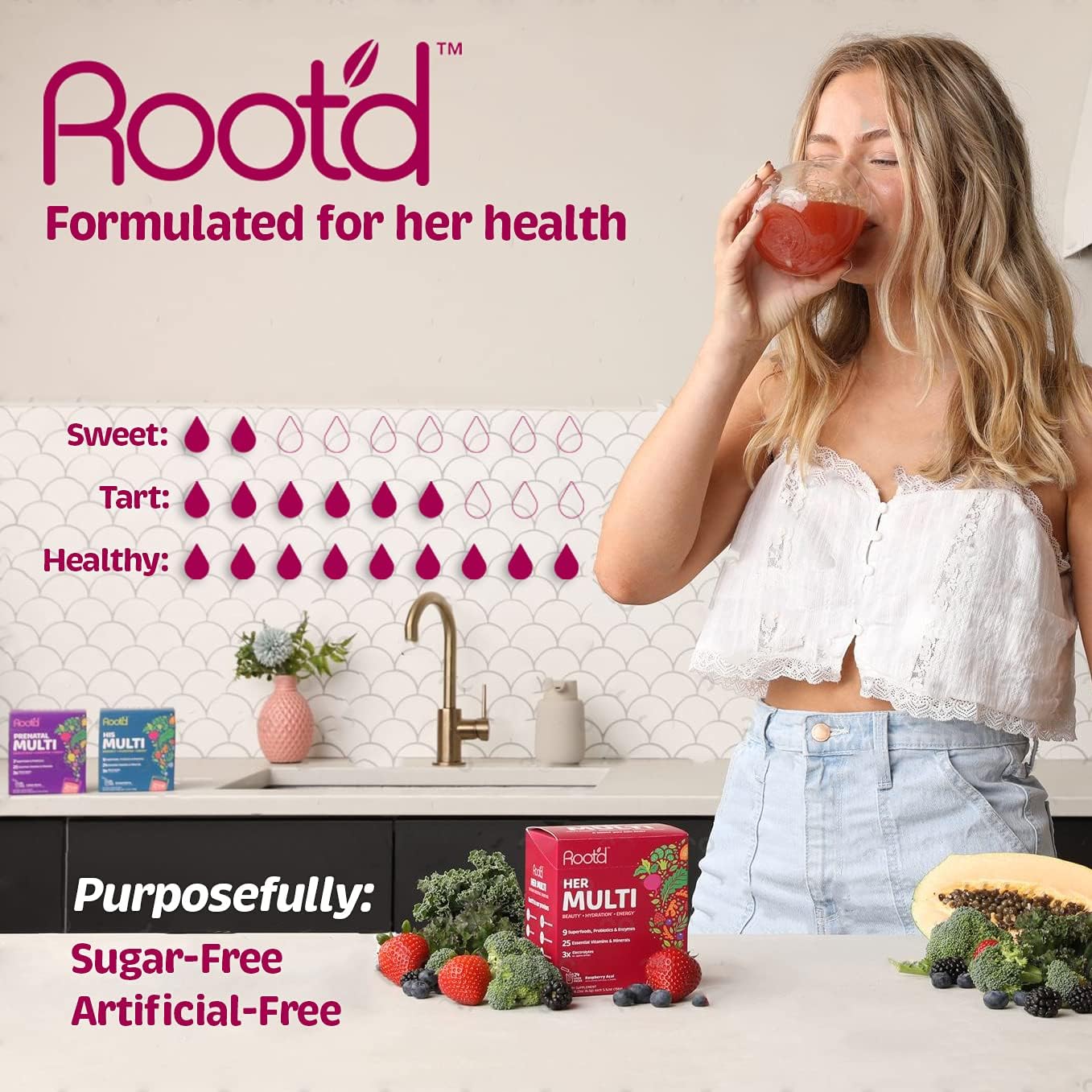 Root'd Multivitamin Powder with 3X Electrolytes for Women - 25 Vitamins & Minerals, 3X Electrolytes, 9 Organic Superfoods, Probiotics & Enzymes, Sugar-Free Multivitamin & Hydration | 24 Packets : Health & Household