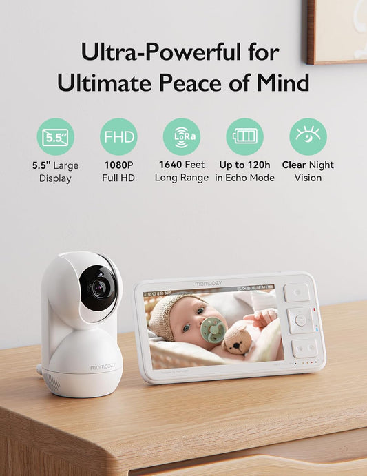 Momcozy Video Baby Monitor, 5.5” 1080P Full Hd Baby Monitor With Camera No Wifi, Infrared Night Vision, 5800Mah 120-Hrs Battery, Eco, Vox, 2-Way Audio, 1640Ft Range, Record And Rewind Locally, Bm03