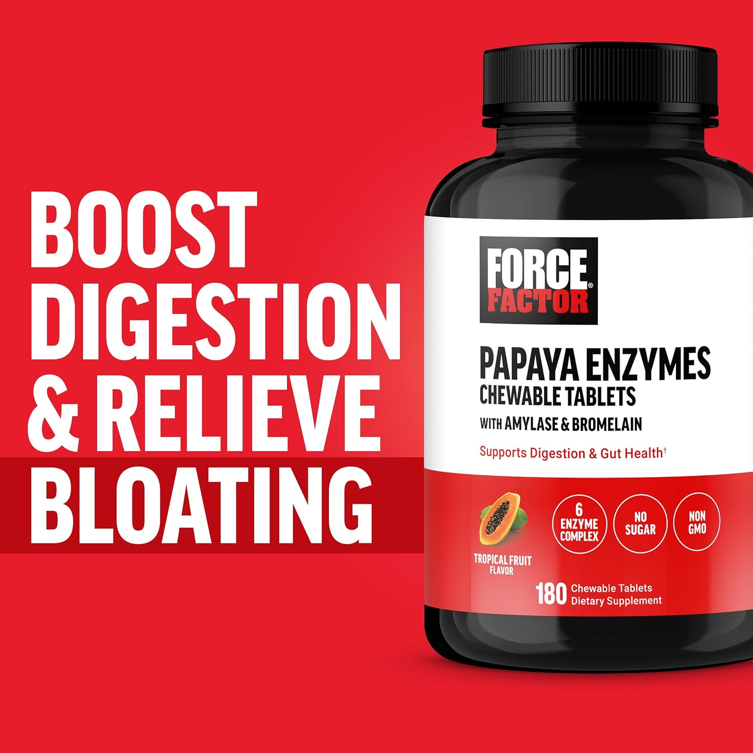 Force Factor Papaya Enzymes Complex, Digestion Supplement And Bloating Relief With Amylase And Bromelain, Support Healthy Digestion, Sugar Free, Non-Gmo, Tropical Fruit Flavor, 180 Chewable Tablets : Health & Household