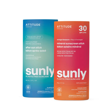 Bundle of ATTITUDE Mineral Sunscreen Stick with Zinc Oxide, SPF 30, EWG Verified, Plastic-Free, Broad Spectrum UVA/UVB Protection, Vegan, Orange Blossom + After Sun Care Stick, Mint and Cucumber