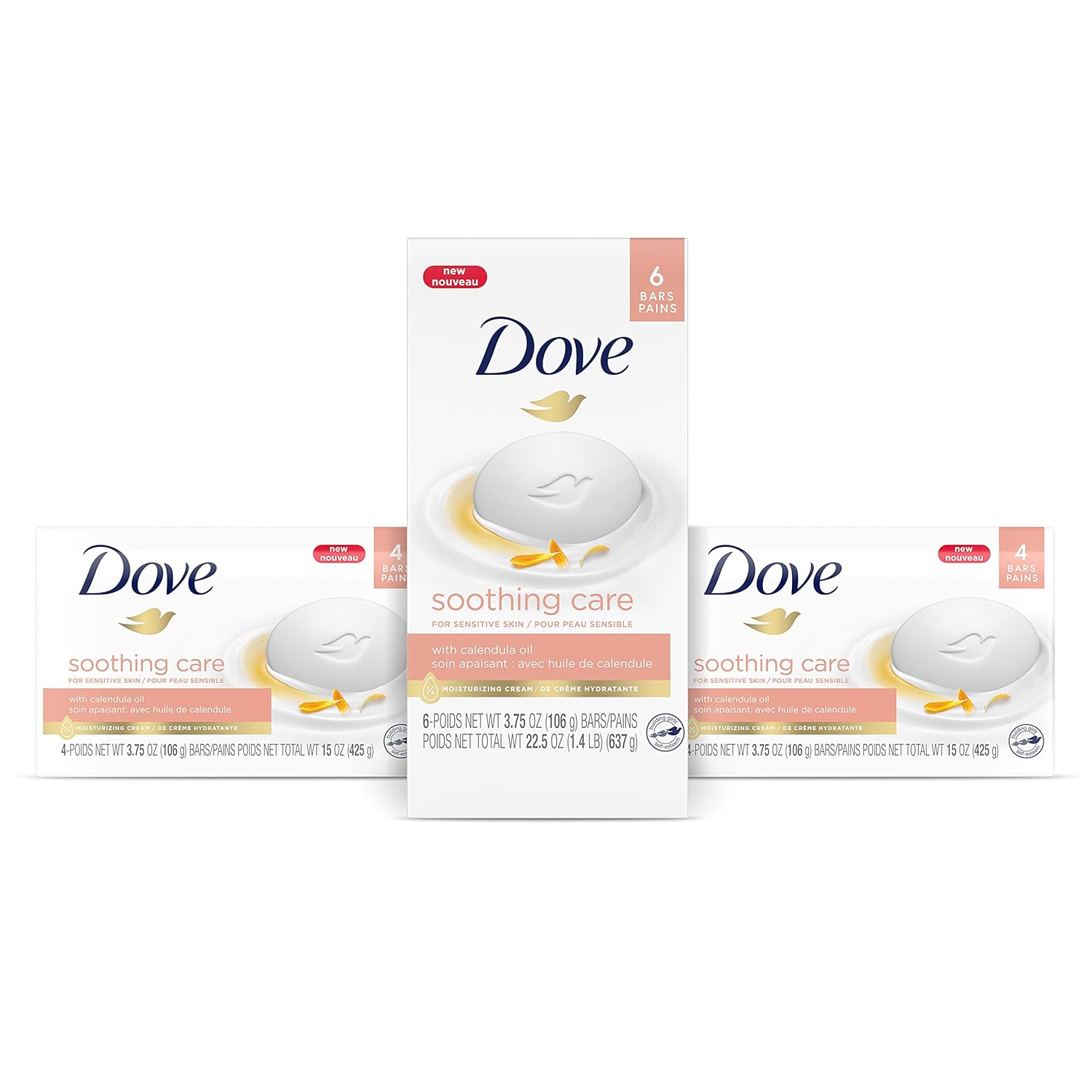 Dove Moisturizing Beauty Bar Soap For Sensitive Skin With Calendula Oil Effectively Washes Away Bacteria, Hydrating And Replenishing Skin Care 3.75 Oz 14 Bars