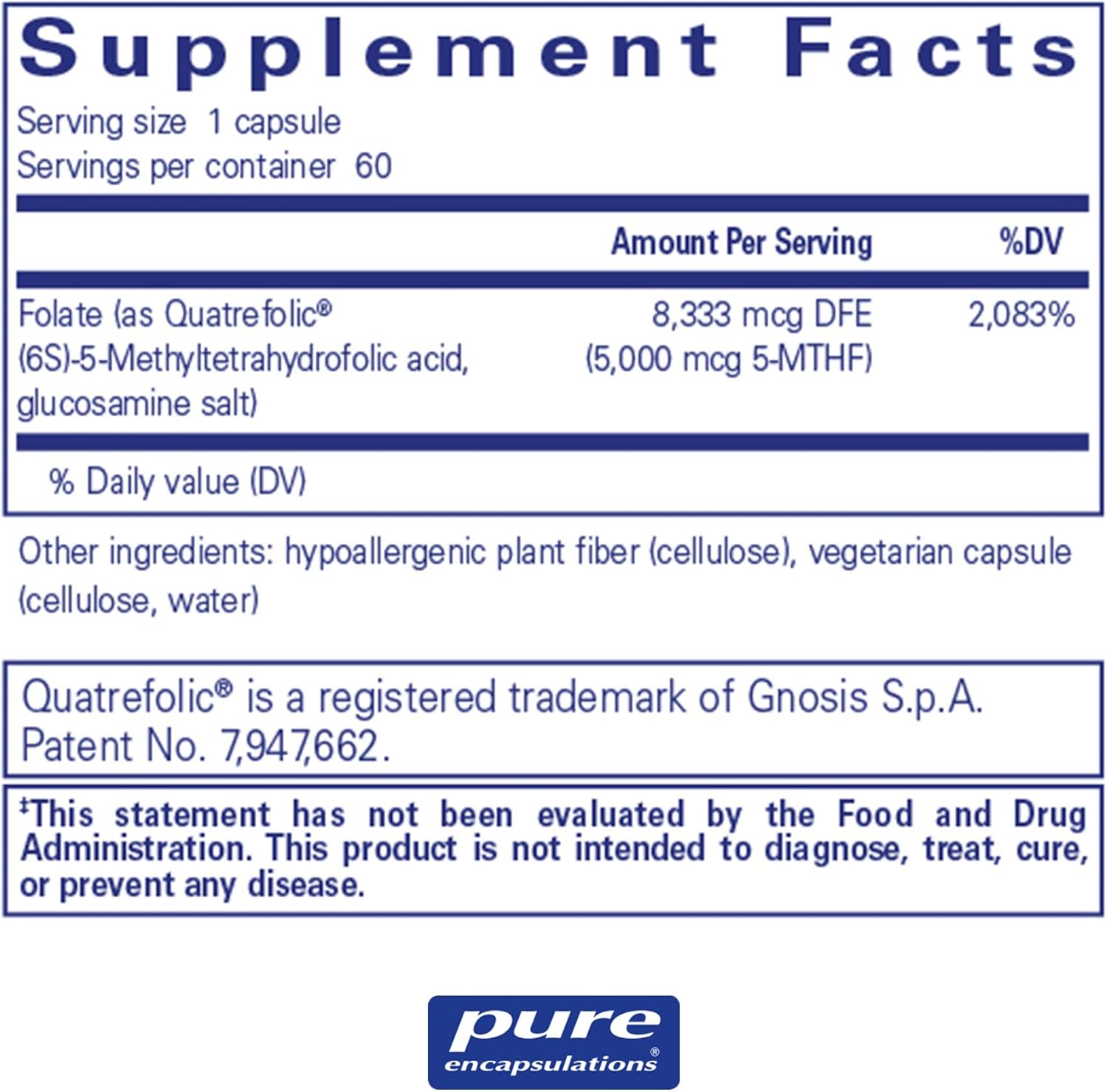 Pure Encapsulations - Folate 5,000 - Activated Vitamin B9 as 5-Methyltetrahydrofolate (5-MTHF) - 60 Capsules