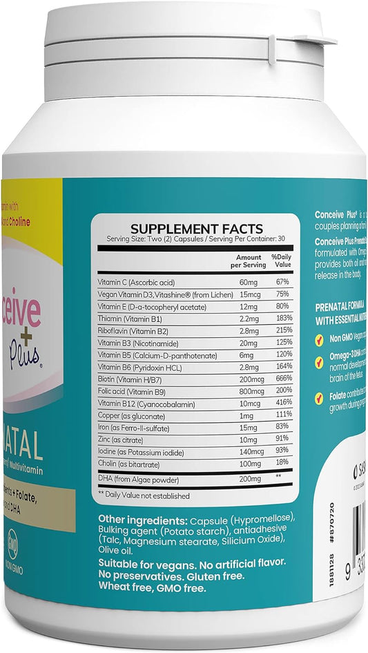 Conceive Plus Prenatal Vitamins For Women - Dha, Choline + Folate, Healthy Pregnancy, Non-Gmo, Pregnancy Multivitamin - 30 Days Supply, 60 Capsules