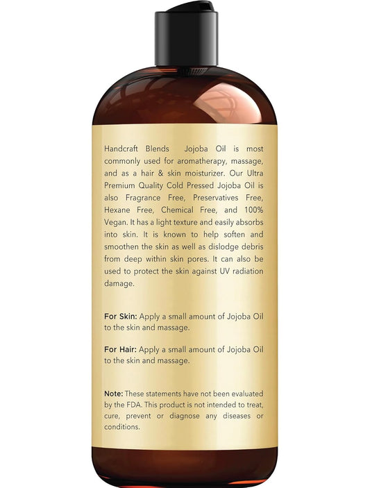 Handcraft Blends Jojoba Oil - 16 Fl Oz - 100% Pure And Natural - Premium Grade Oil For Skin And Hair - Anti-Aging Oil - Cold-Pressed And Hexane-Free