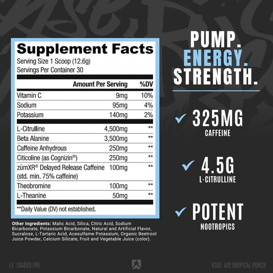 RYSE Up Supplements Loaded Pre Workout Powder Supplement for Men & Women | Pumps, Energy, Focus | Beta Alanine + Citrulline | 390mg Caffeine | 30 Servings (Tropical Punch)