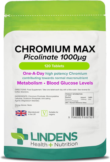 Lindens Chromium Max 1000mcg Picolinate - 120 Tablets | Detox, Metabolism, Blood Glucose, | Mega Potency (2500% NRV) | 4 Months Supply, UK Manufacturer, Letterbox Friendly, Vegan