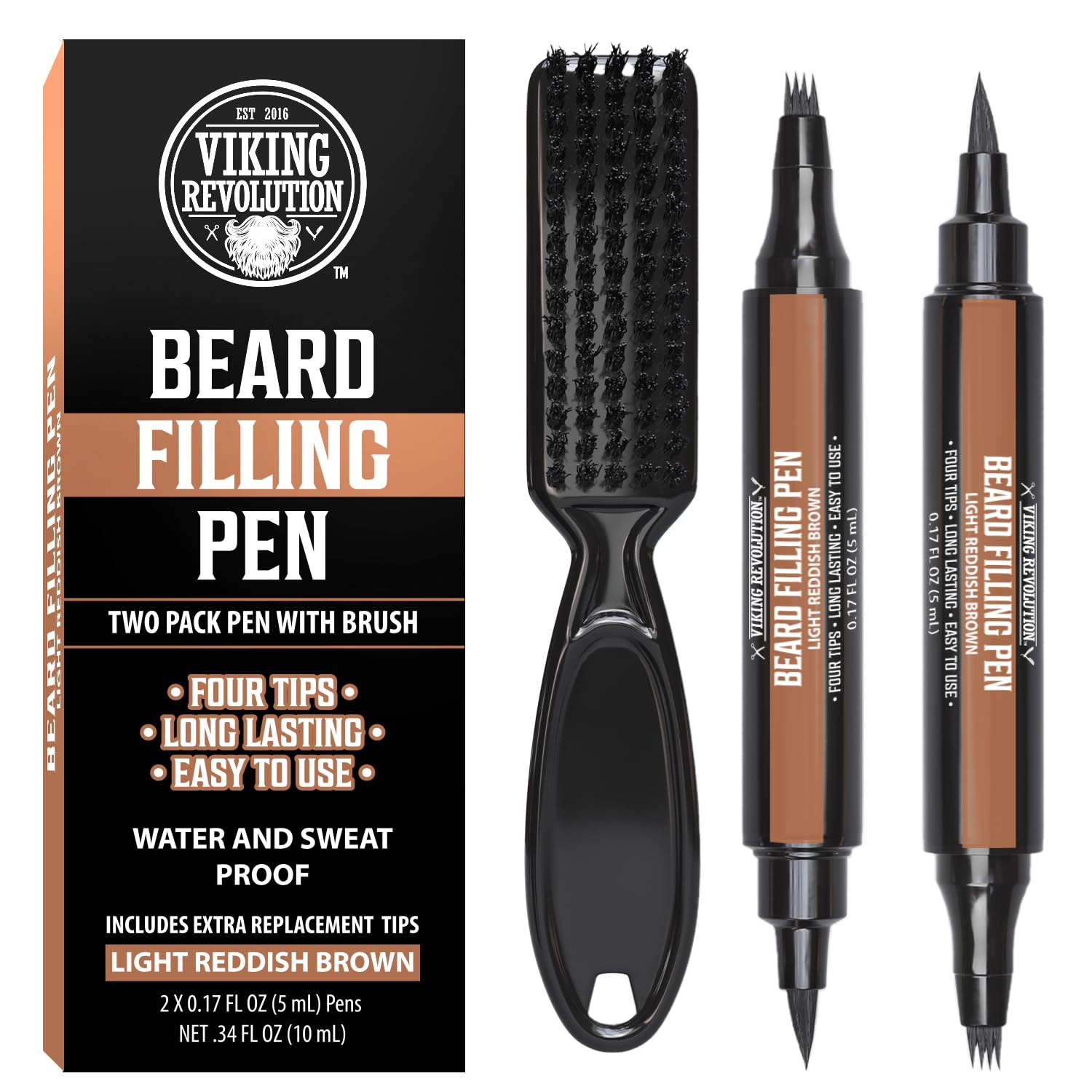 Viking Revolution Beard Pen (2 Pack) - Light Reddish Brown Beard Pencil Filler For Men - Beard Filler For Men Waterproof Beard Filling Pen Kit - Long Lasting Beard Filler Pen With Brush