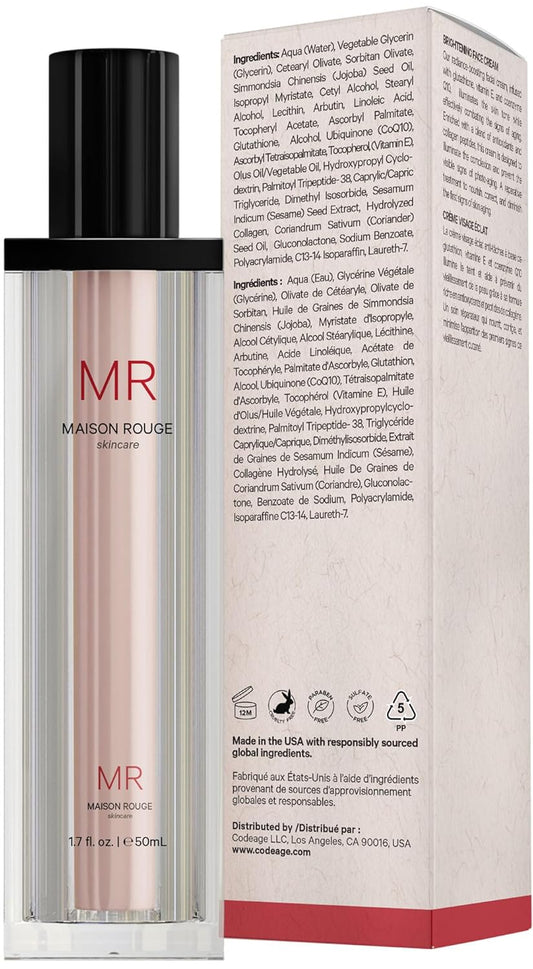 Codeage Maison Rouge Brightening Face Cream Glutathione Cream, Collagen Peptides, Vitamin E, Coq10 – Radiance & Antioxidant Complex – Refillable – Paraben- Free – All Skin Types – 1.7 Fl Oz