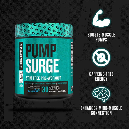 Jacked Factory Pumpsurge Caffeine Free Pre Workout For Men & Women - Nootropic Booster & Stim Free Pre Workout - Intense Pumps, Enhanced Focus - 30 Servings, Blue Raspberry