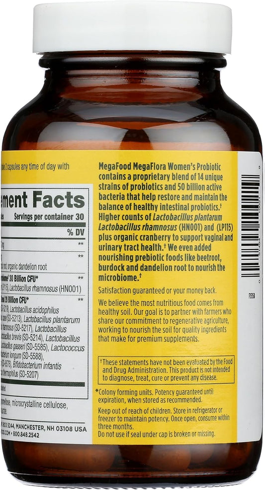 Megafood Megaflora Probiotics For Women + Prebiotics - Probiotic With 14 Strains & 50 Billion Cfus - With Cranberry - Vegan & Non-Gmo - Made Without 9 Food Allergens - 60 Caps (30 Servings)