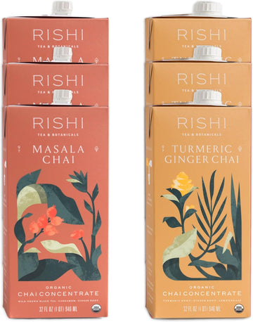 Rishi Tea Masala Chai Latte & Turmeric Ginger Bundle - Organic Tea Concentrate, Easy-To-Serve Hot Or Iced Chai Tea Mix - 32 Fl Oz Carton, 8 Servings (Pack Of 6)