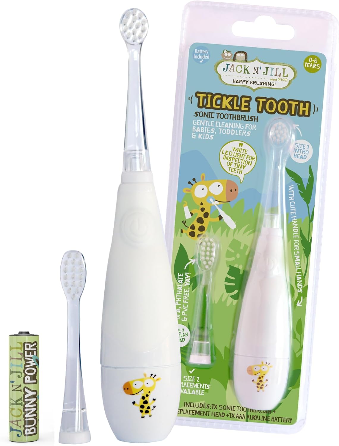 Jack N' Jill Tickle Tooth Sonic Electric Toothbrush With Replacement Head - Gentle Cleaning, Made For Tiny Teeth, Led Inspection Light, For Babies & Kids, Extra Soft Bristles - (1 Pack)