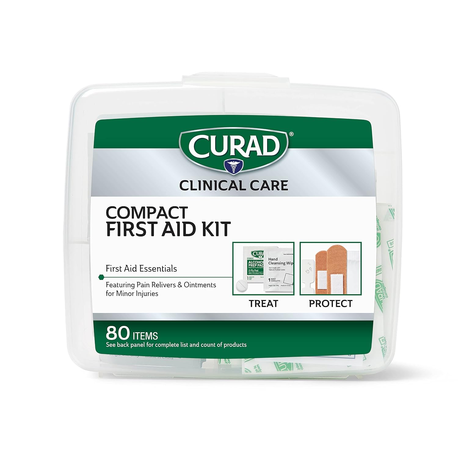 Curad Compact First Aid Kit With Over-The-Counter Medicine,All Purpose,Flex-Fabric And Butterfly Bandages,Antibiotic Ointment,Cleansing Towelettes,Alcohol Prep Pads,Acetaminophen,Carry Case, 80 Count