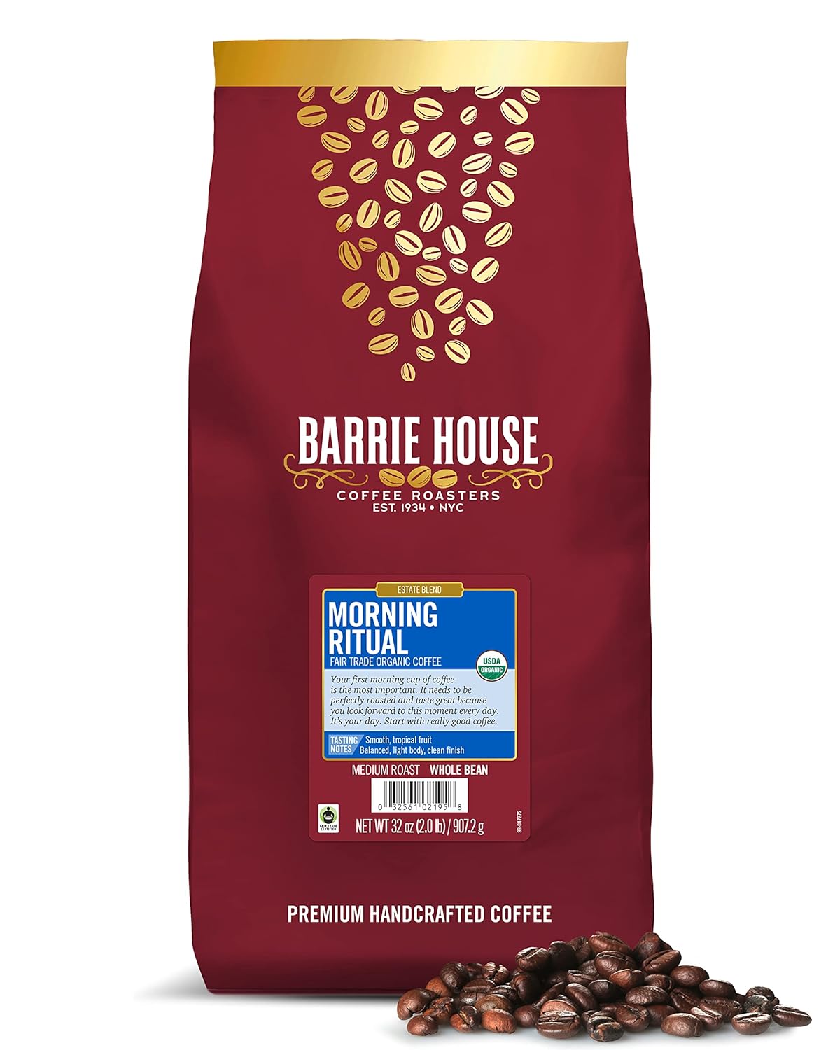 Barrie House Morning Ritual Breakfast Blend Whole Bean Coffee, 2 Lb Bag | Fair Trade Organic Certified | Medium Roast | Light Body And Clean Finish | 100% Arabica Coffee Beans