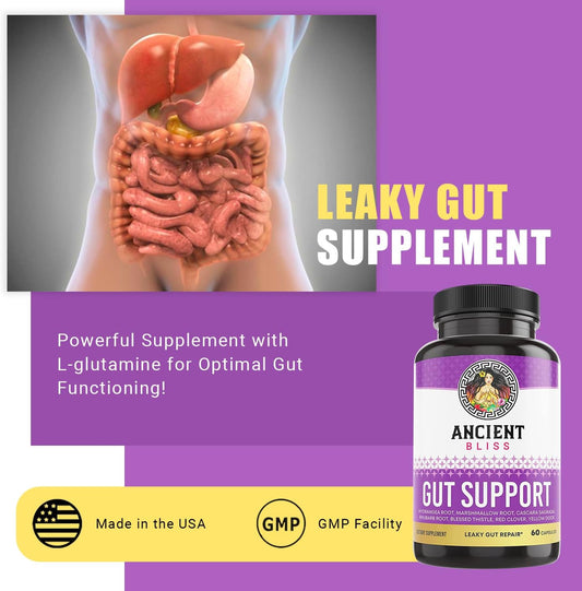 Ancient Bliss Leaky Gut Supplement, L Glutamine Capsules For Gut Support With Blessed Thistle And Hydrangea Root, Vegan And Non-Gmo, 60 Capsules