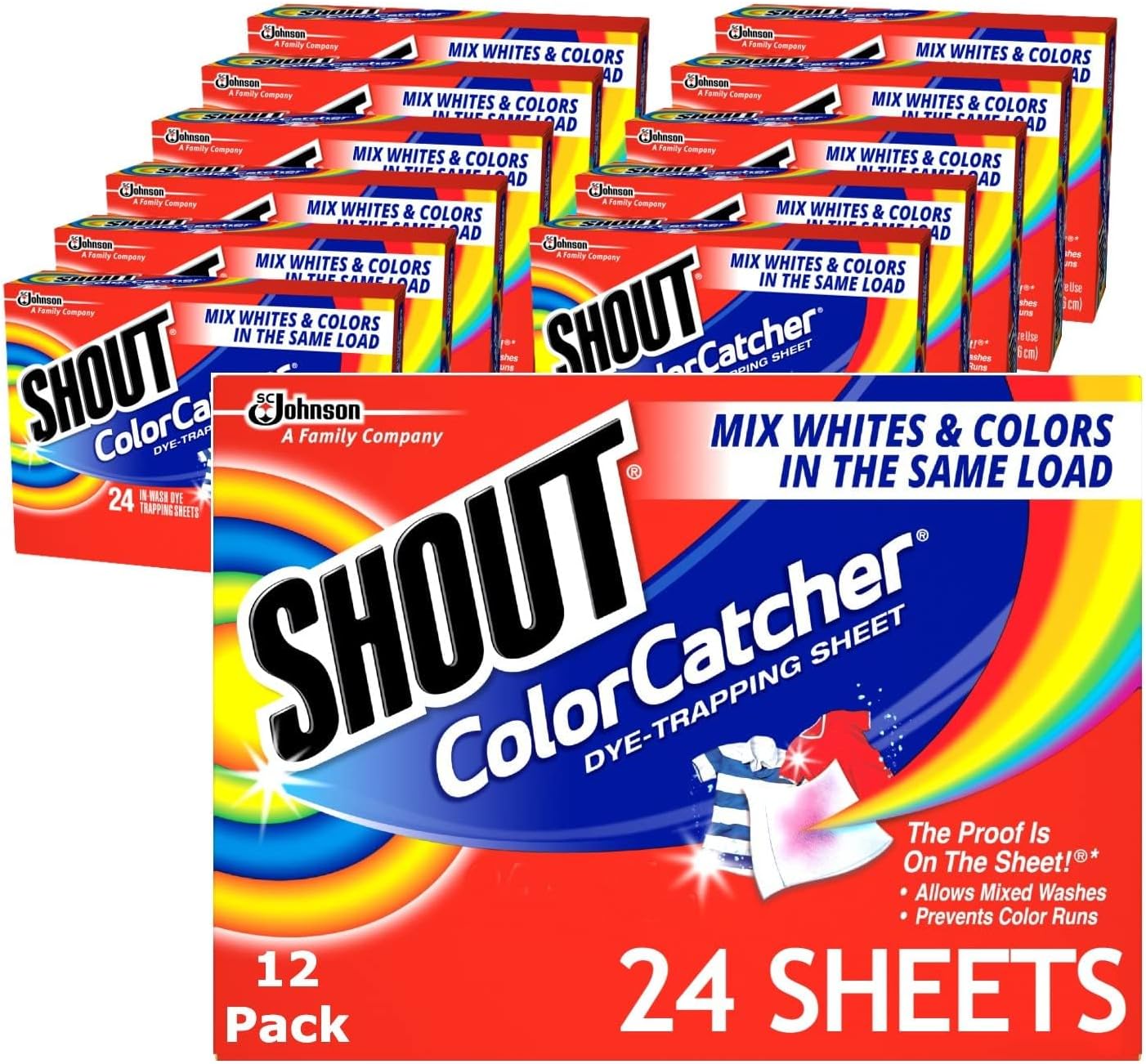 Shout Color Catcher Sheets for Laundry, Allow mixed washes, Prevent color runs, and Maintain original color of clothing, 24 Count - Pack of 12 (288 Total Sheets)