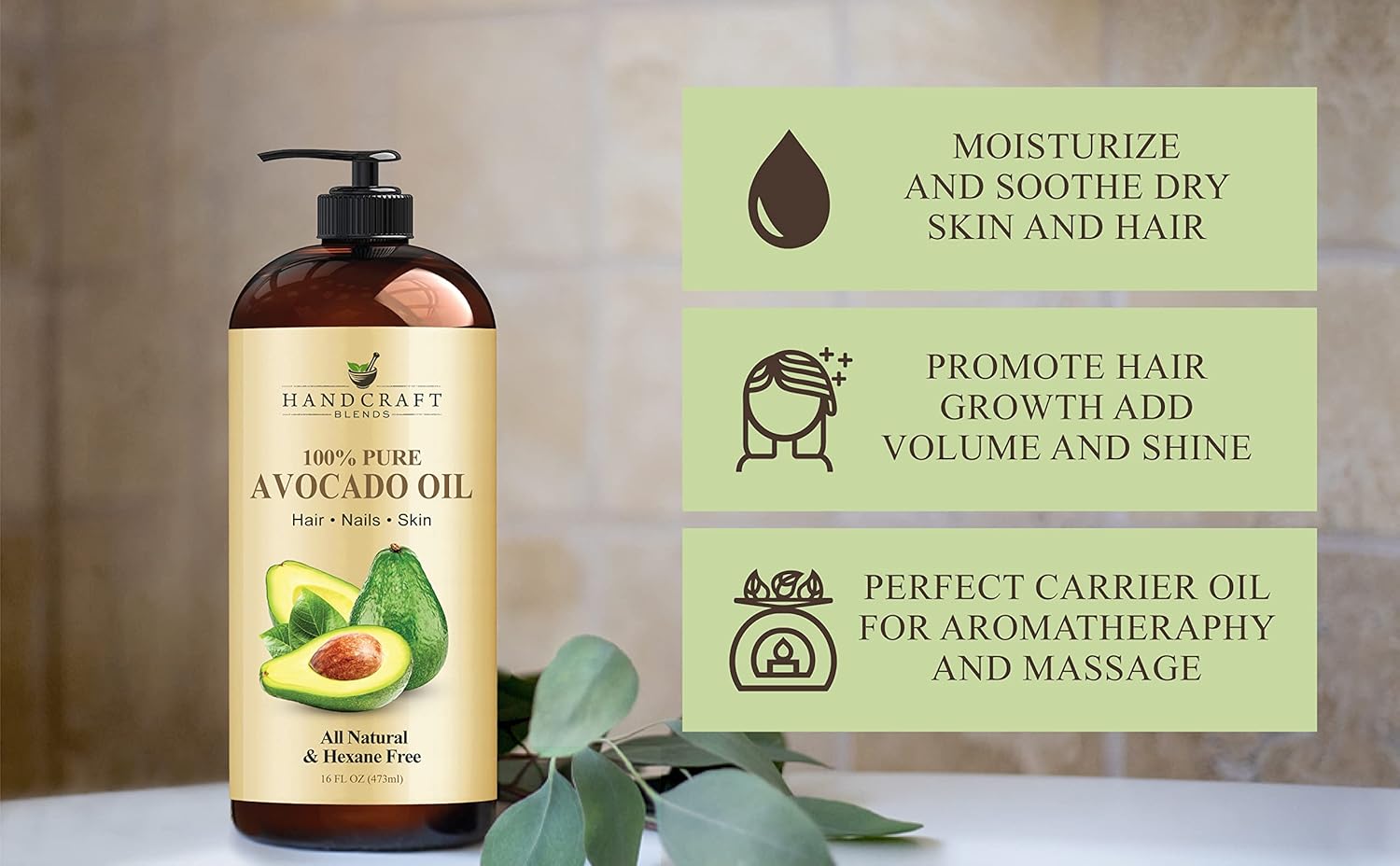 Handcraft Blends Avocado Oil - 16 Fl Oz - 100% Pure and Natural - Premium Grade Oil for Skin and Hair - Carrier Oil - Hair and Body Oil - Massage Oil - Cold-Pressed and Hexane-Free : Health & Household