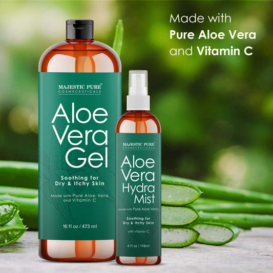 Majestic Pure Aloe Vera Gel And Mist Super Combo - 16 Oz Gel And 4 Oz Hydra Spray - 100 Percent Pure And Natural Cold Pressed Aloe Vera For Hair Growth, Face, Body And Skin