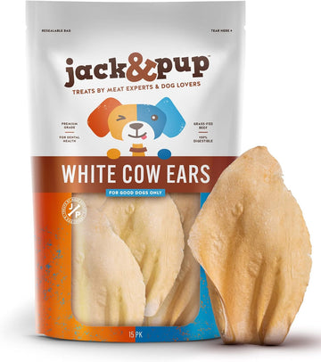 Jack&Pup White Cow Ears for Dogs | Single Ingredient, 100% Natural Healthy Dog Treats Cow Ear Dog Chews (15 Pack)