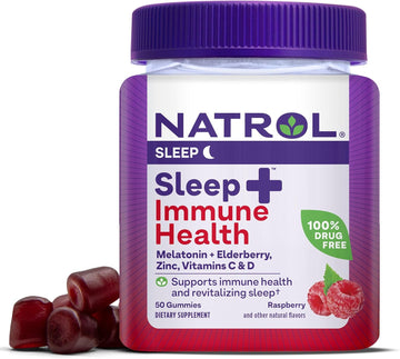 Natrol Sleep+ Immune Health Gummy, Sleep Aid & Immunity Support, Elderberry, Vitamins C, D And Zinc, Drug Free, 50 Berry Flavored Gummies