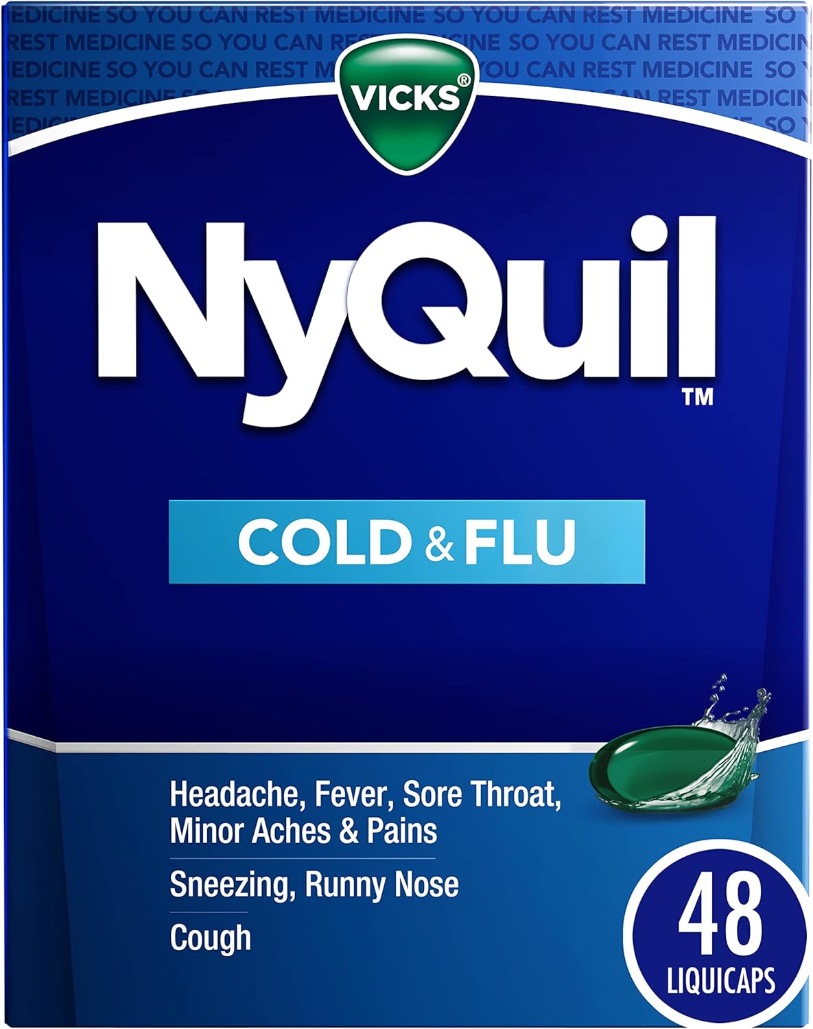 Vicks Nyquil Cold And Flu Relief Liquid Medicine, Powerful Multi-Symptom Nighttime Relief For Headache, Fever, Sore Throat, Minor Aches And Pains, Sneezing, Runny Nose, And Cough, 48 Liquicaps