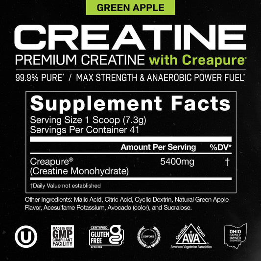 Muscle Feast Creapure Creatine Monohydrate Powder, Vegan Keto Friendly Gluten-Free Easy to Mix, Mass Gainer, Muscle Recovery Supplement and Best Creatine for Muscle Growth, Green Apple, 300g