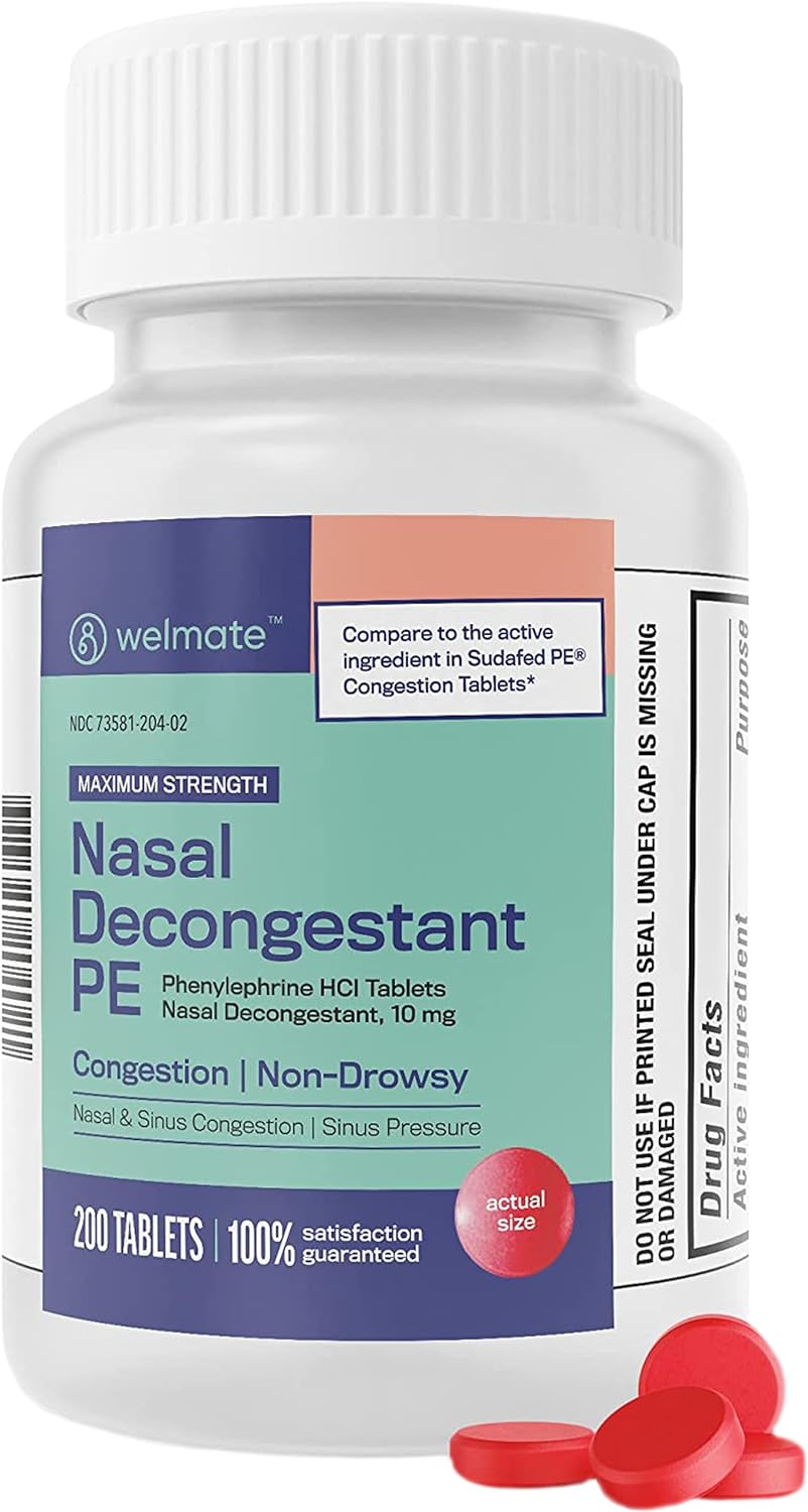 Welmate | Nasal Decongestant Pe | Phenylephrine Hcl 10 Mg | Maximum Strength | Sinus Relief | For Cold & Allergies | Non-Drowsy | Antihistamine | Pain Relief | Decongestants For Adults | 200 Tablets