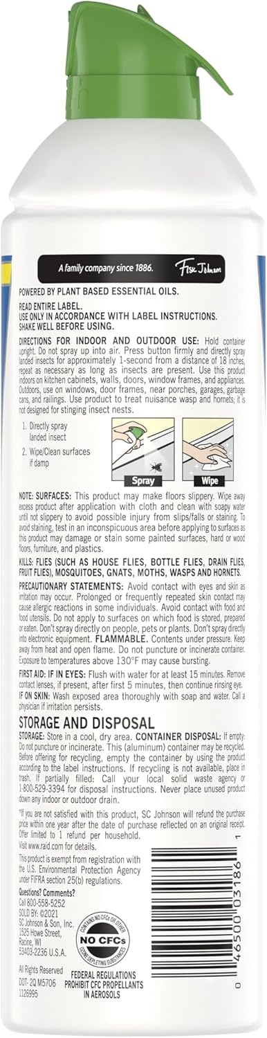 Raid Essentials Fly, Gnat, And Mosquito Killer Aerosol Spray, Safe For Use Around Children And Pets, 10 Oz