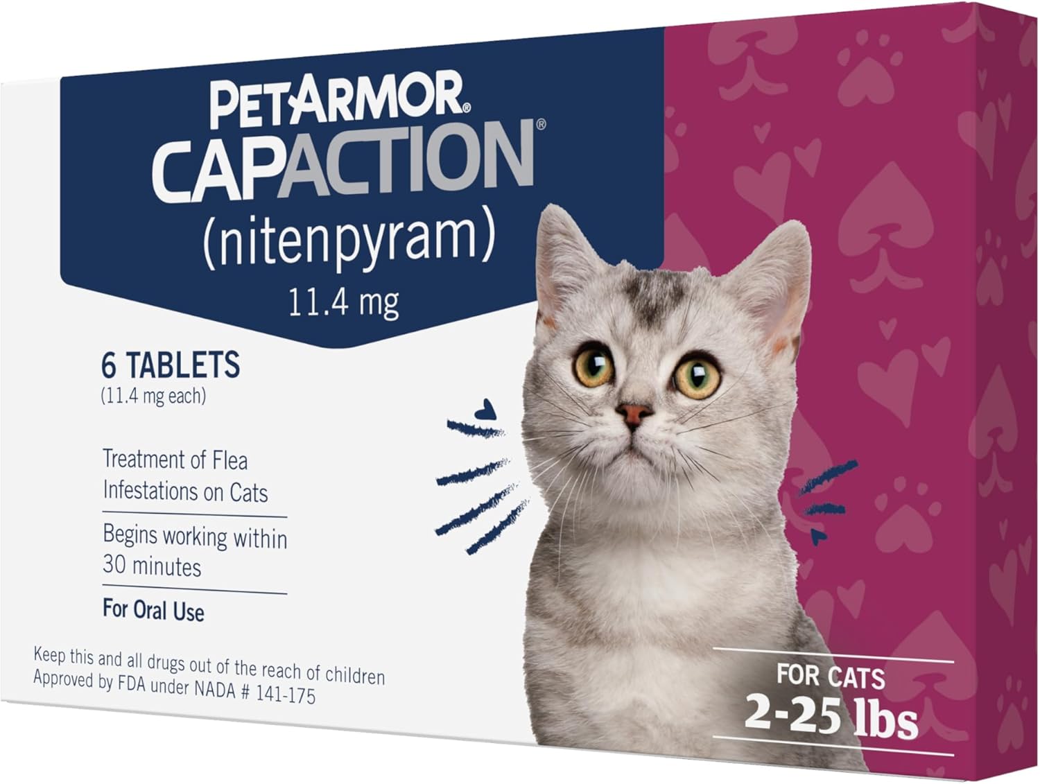 Petarmor Capaction (Nitenpyram) Oral Flea Treatment For Cats, Fast Acting Tablets Start Killing Fleas In 30 Minutes, Cats 2-25 Lbs, 6 Doses