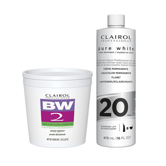 Clairol Professional BW2 Lightener & 20v Pure White Crème Developer *Bundle | BW2 Lightener for Hair Highlights, 8 oz. & Pure White Standard Lift 20 volume Crème Developer, 16 oz. : Beauty & Personal Care