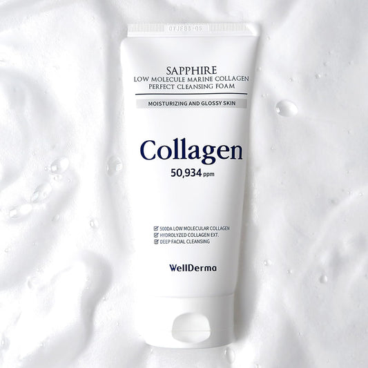 Wellderma Sapphire Low Molecule Collagen Perfect Cleansing Foam150Ml/Bright Face Collagen Foam/Moisturizing Effectmakeup&Dead Skin Removal,Hydrating & Anti Aging And Exfoliating Face Wash