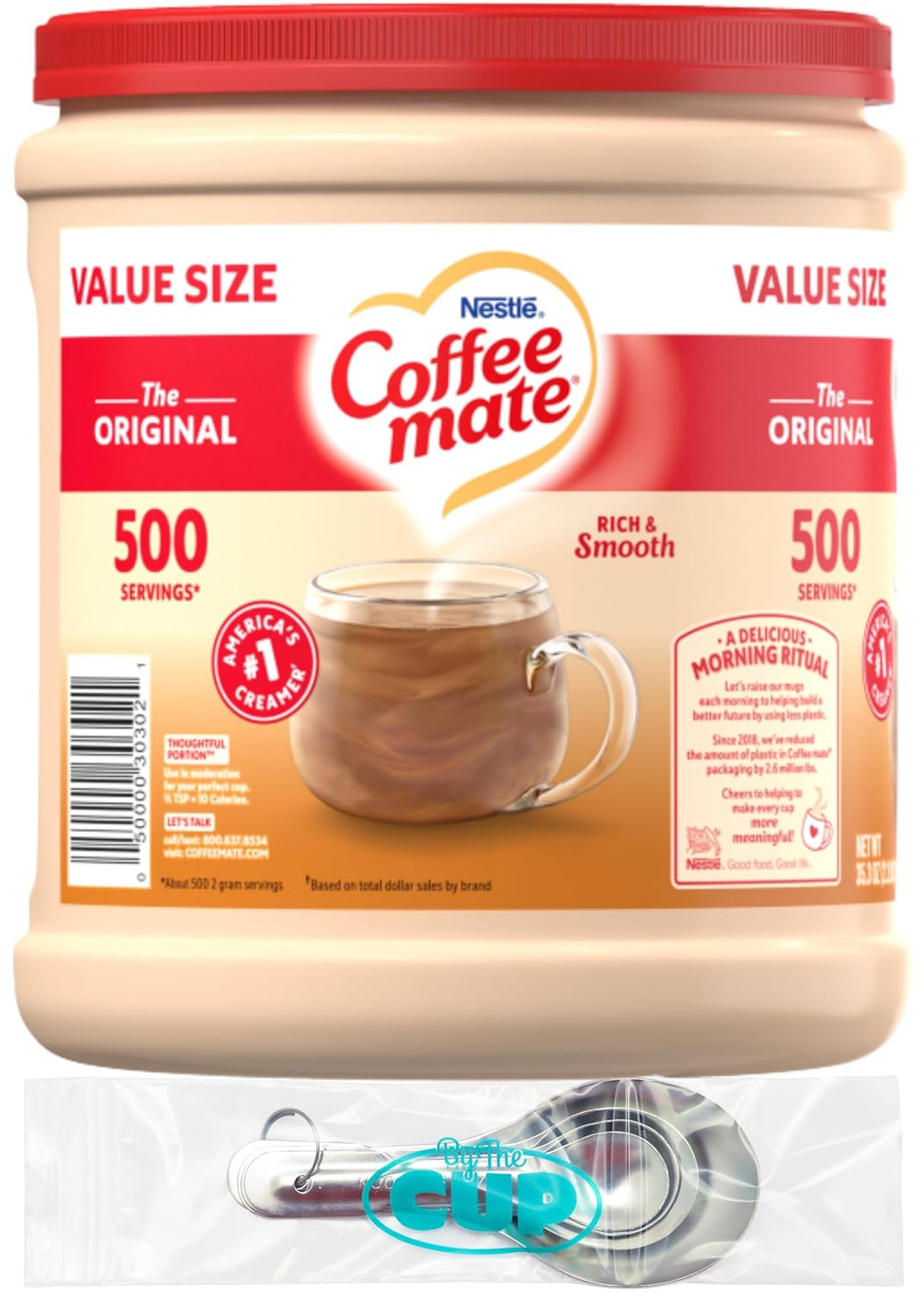 Coffee mate Original Powder Creamer, 35.3 oz Canister with By The Cup Stainless Steel Measuring Spoons