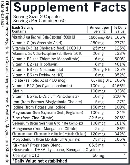 Kirkman 60 To 90 Men’S Multi-Vitamin And Mineral Boost || 120 Vegetarian Capsules || Provides Comprehensive Vitamin And Mineral Support For Senior Men || Gluten And Casein Free