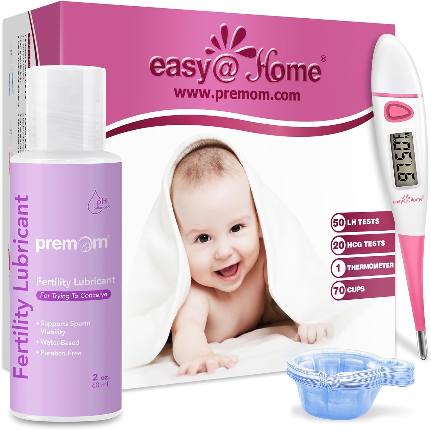 Easy@Home Ovulation Test Kit: 50 Ovulation Strips & 20 Early Pregnancy Tests & One Basal Body Thermometer & 70 Urine Cups + Premom Fertility Lubricant 2 Fl Oz