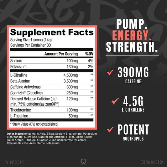 RYSE Up Supplements Loaded Pre Workout Powder Supplement for Men & Women | Pumps, Energy, Focus | Beta Alanine + Citrulline | 390mg Caffeine | 30 Servings (Cherry Ring Pop)