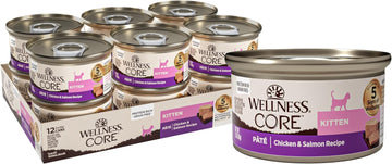 Wellness Core Kitten Recipe, Natural Grain Free Canned Wet Kitten Food, Chicken & Salmon Pate Recipe, 3 Ounce Can (Pack Of 12)