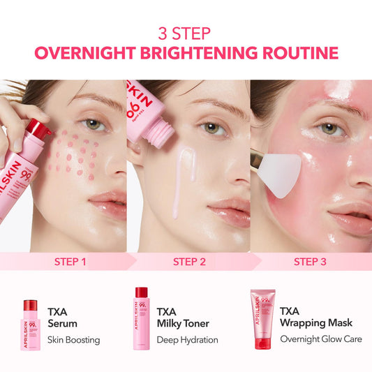 Aprilskin Txa Overnight Glow Booster Trio: Txa Toning Shot 99 Spicule Facial Serum, Pink Milky Toner And Txa Overnight Wrapping Mask