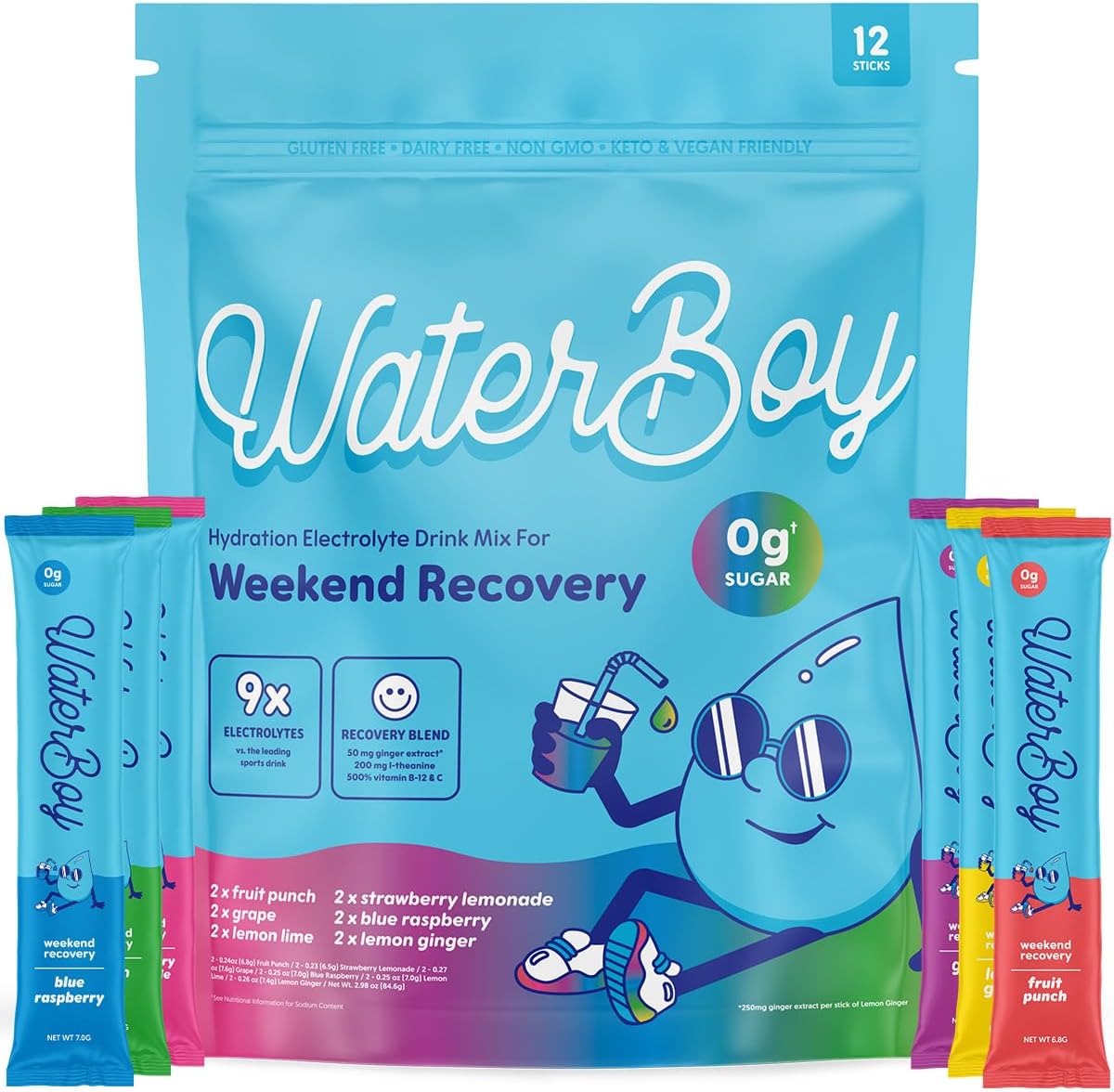 Waterboy Weekend Recovery Sample Pack | 3,200Mg Electrolyte Powder Packets | Ginger + L-Theanine + Vitamins | No Sugar, All Natural, Gluten Free | 12 Drink Stick Mixes (Sample Pack)