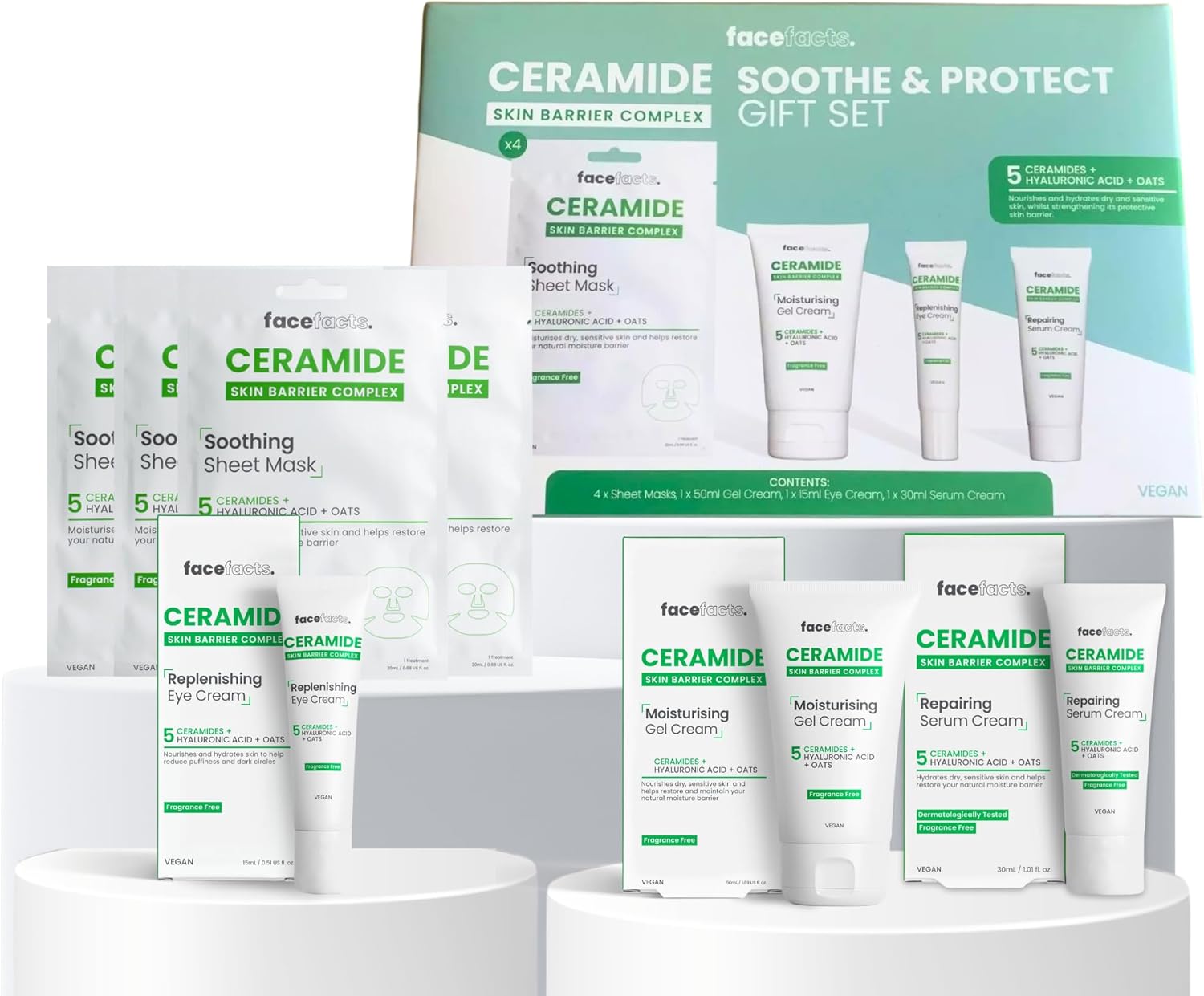 Face Facts Ceramide Skincare Gift Set – Hydrating Vegan Face Care Including 4 Masks, Gel Cream, Eye Cream & Serum – Suitable For Dry, Sensitive & All Skin Types – 5 Ceramides + Hyaluronic Acid