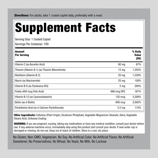 Piping Rock Vitamin B Complex | 100 Coated Caplets | with Vitamin C | Vegetarian, Non-GMO, Gluten Free Supplement