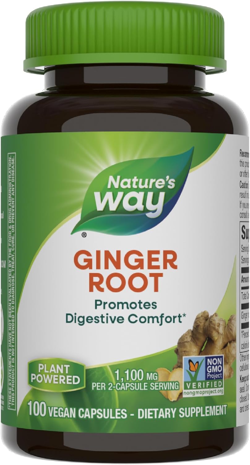 Nature's Way Ginger Root, Promotes Digestive Comfort*, Reduces Nausea Due to Motion*, 1100 mg Per 2-capsule Serving, Non-GMO Project Verified, 100 Capsules