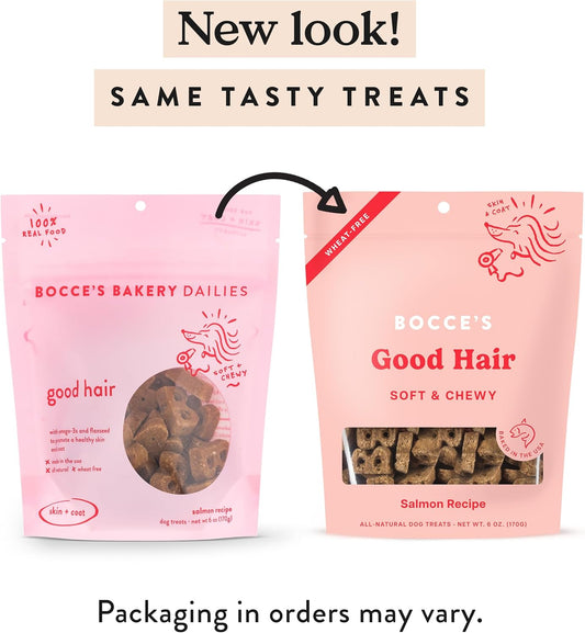 Bocce'S Bakery Dailies Good Hair Dog Treats For Skin & Coat Support, Wheat-Free Dog Treats, Made With Real Ingredients, Baked In The Usa, All-Natural Soft & Chewy, Salmon Recipe, 6 Oz